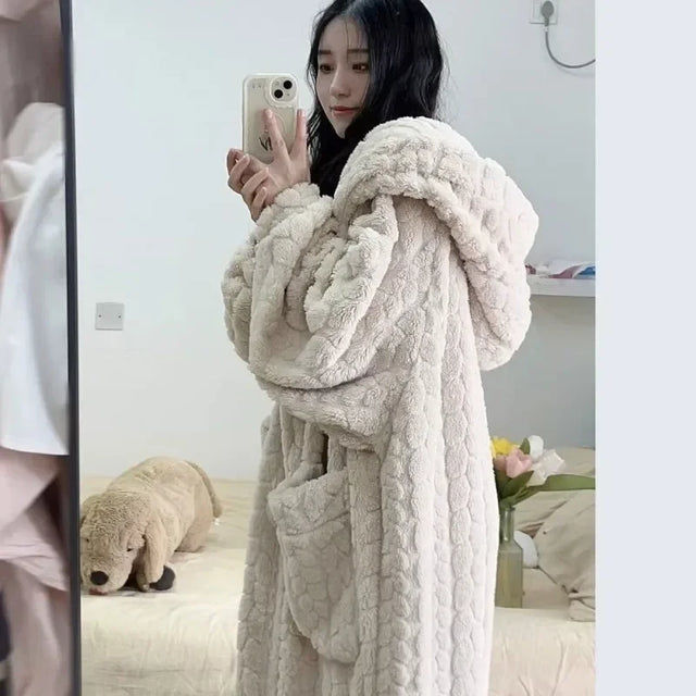 Robe de nuit polaire à capuche beige, vue 1