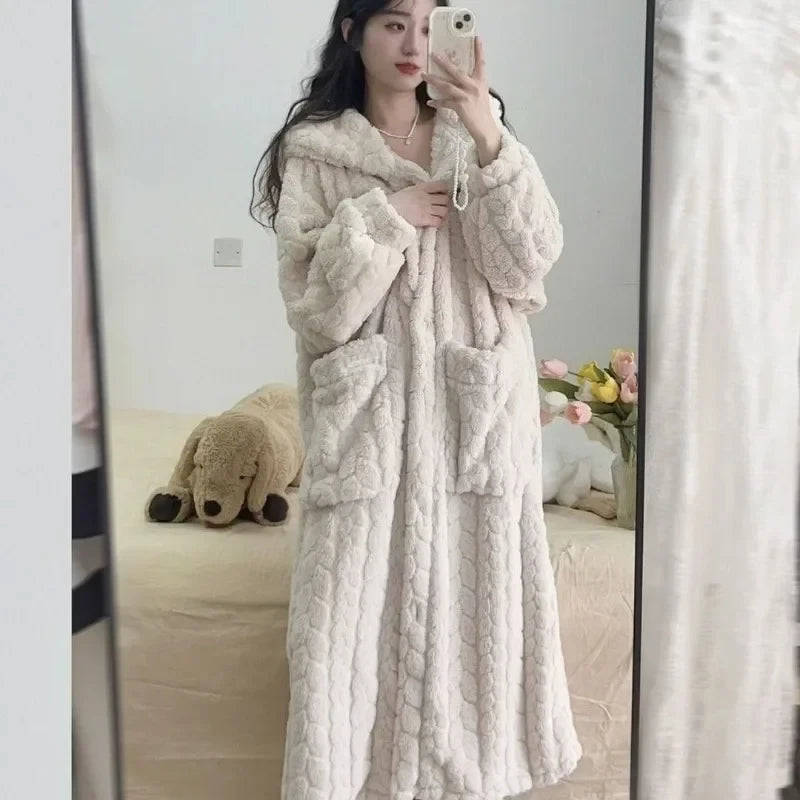 Robe de nuit polaire à capuche beige, vue 4