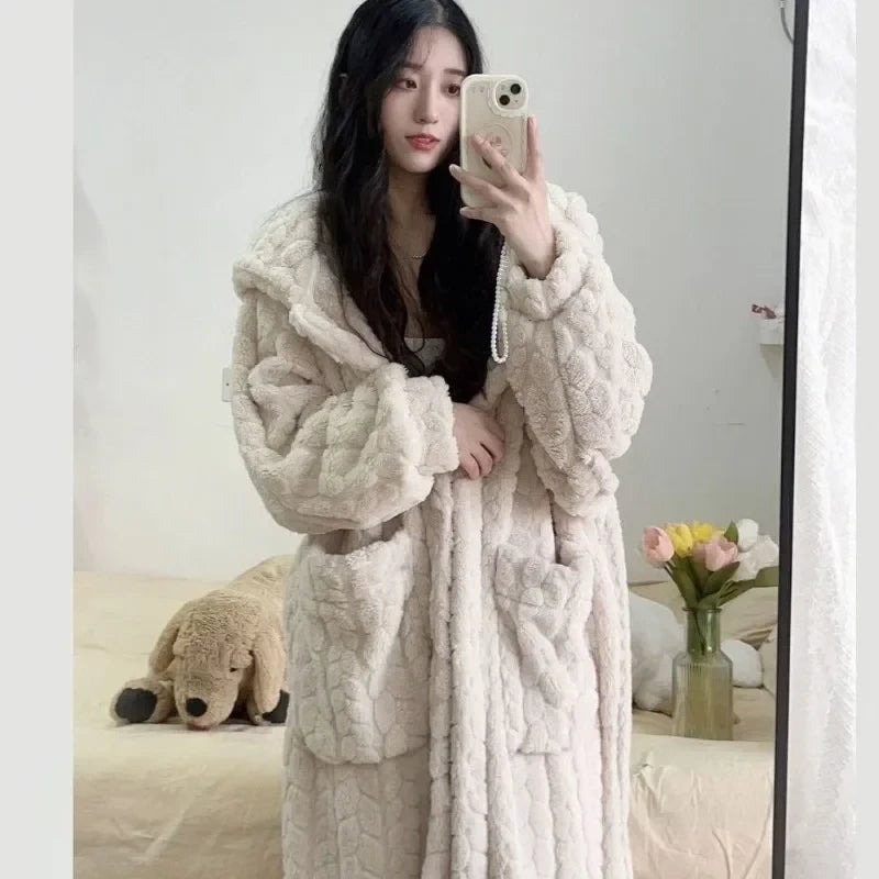 Robe de nuit polaire à capuche beige, vue 2